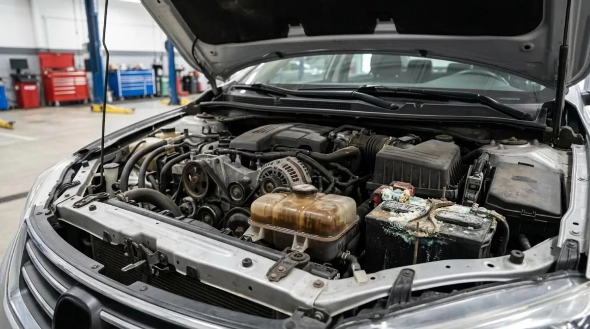 Open hood of a sedan in a Houston auto shop