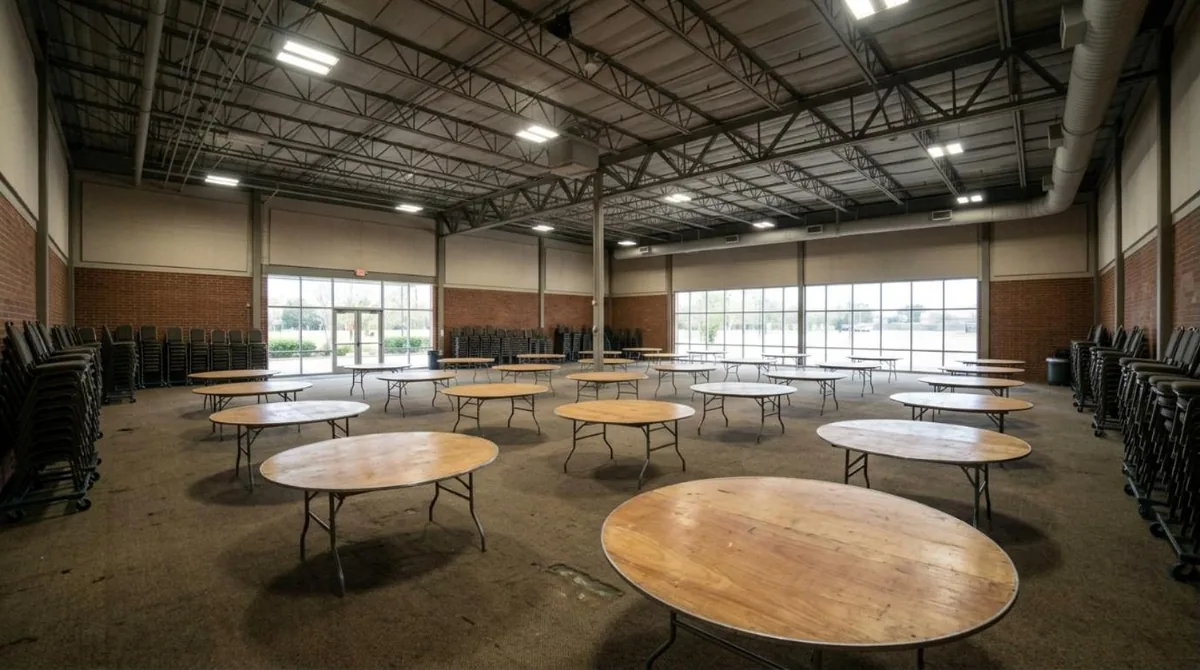 Empty event hall with bare round tables