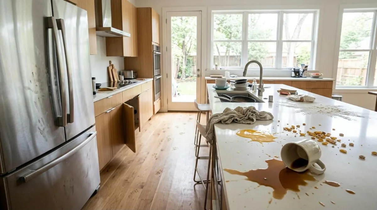Bright kitchen with spills, crumbs and smudges before a clean