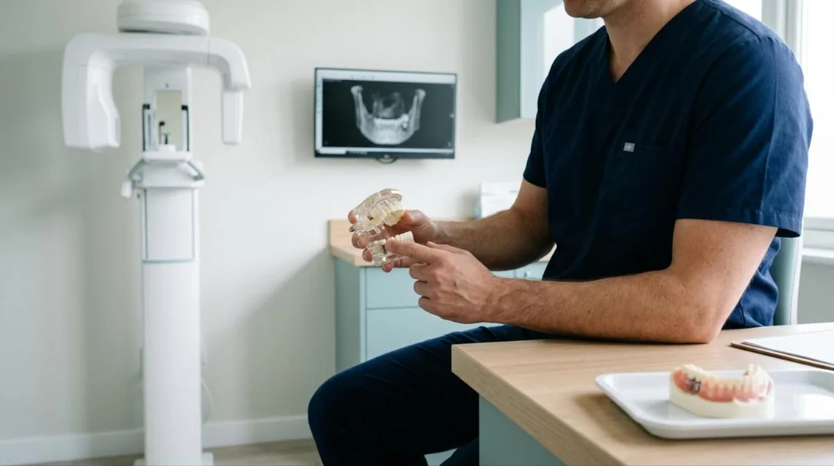 Dental implant consult room with a 3D CT scanner and a jaw model