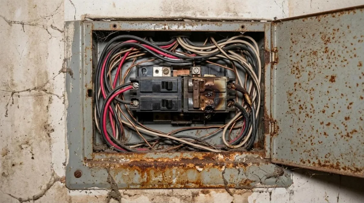 Old breaker panel in a Houston garage
