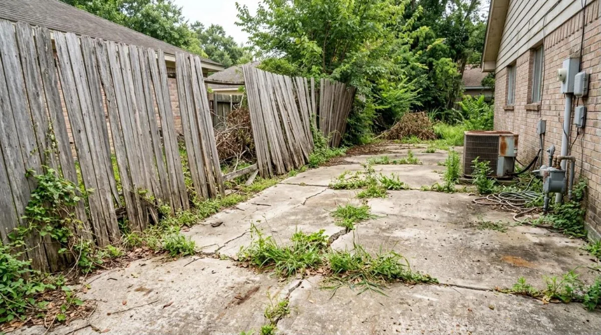 Old leaning fence and cracked driveway