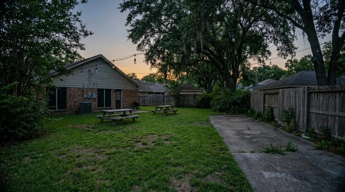 Empty backyard with string lights at dusk