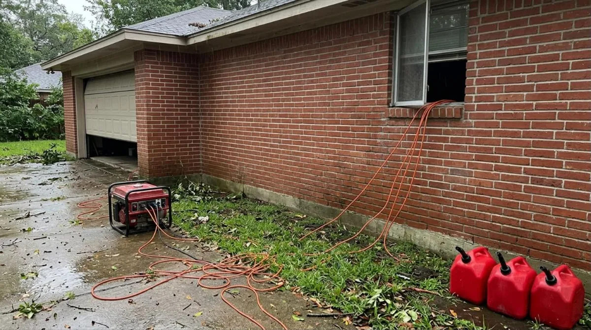 Portable generator and cords at a Houston house after a storm
