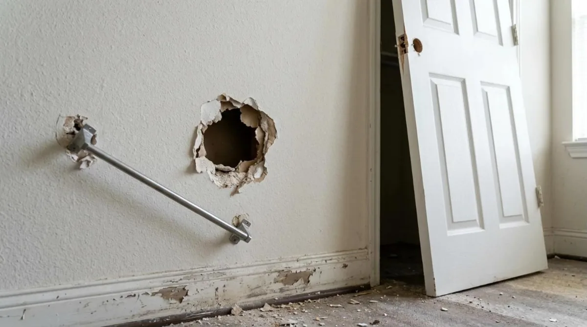 Wall with a hole, broken door and loose towel bar