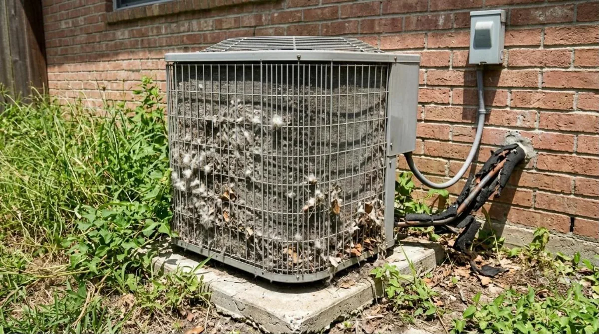 Outdoor AC condenser beside a brick Houston home