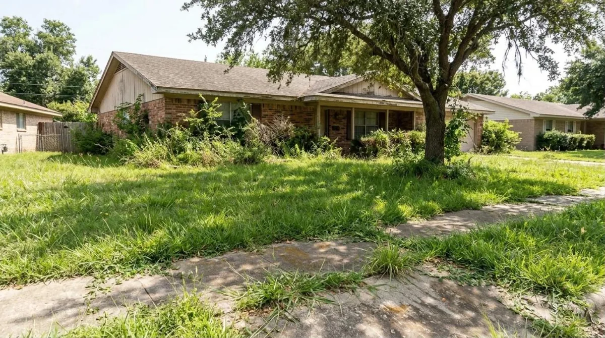 Overgrown front yard of a brick home
