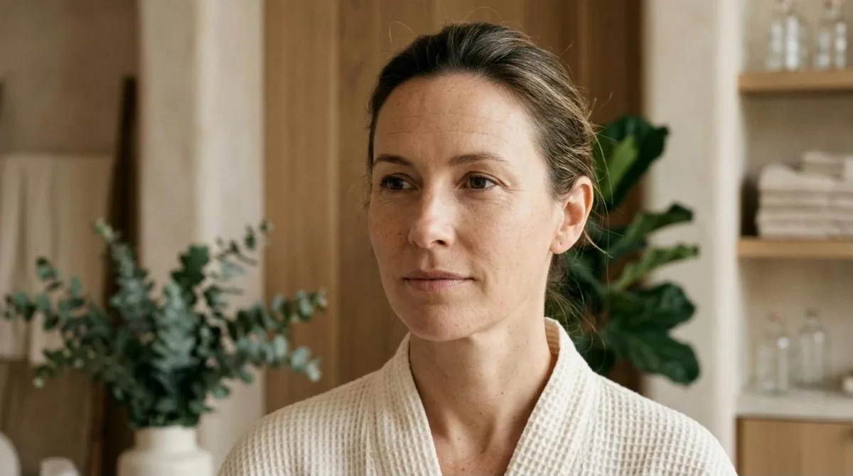 Woman in a robe at a calm med spa