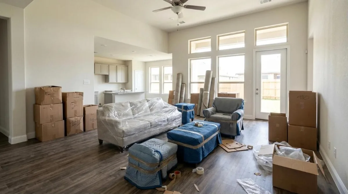 Living room full of moving boxes