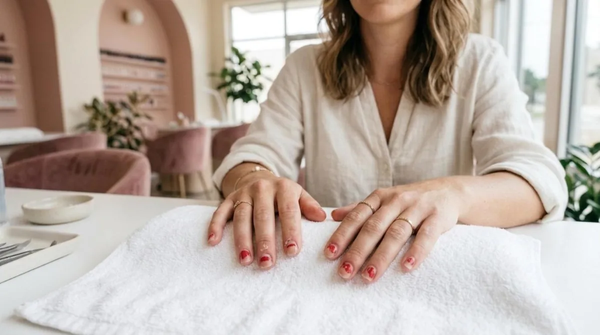 Client at the nail table before her manicure