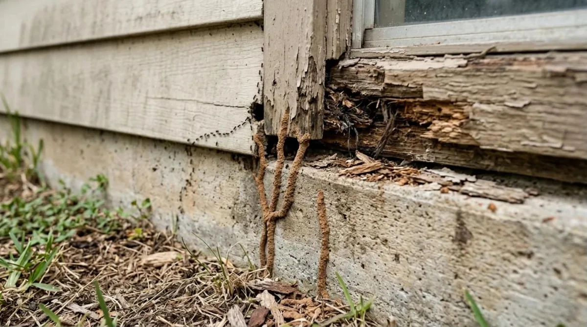 Termite tubes and damaged trim at a home’s foundation