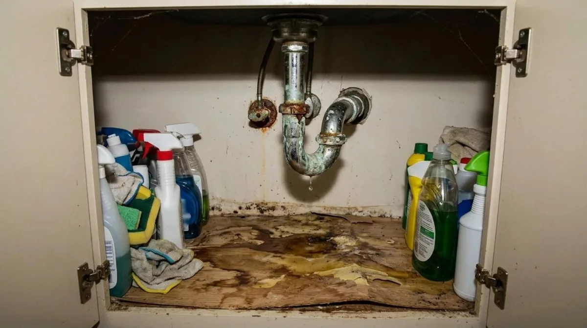 Kitchen sink cabinet with a leaking trap