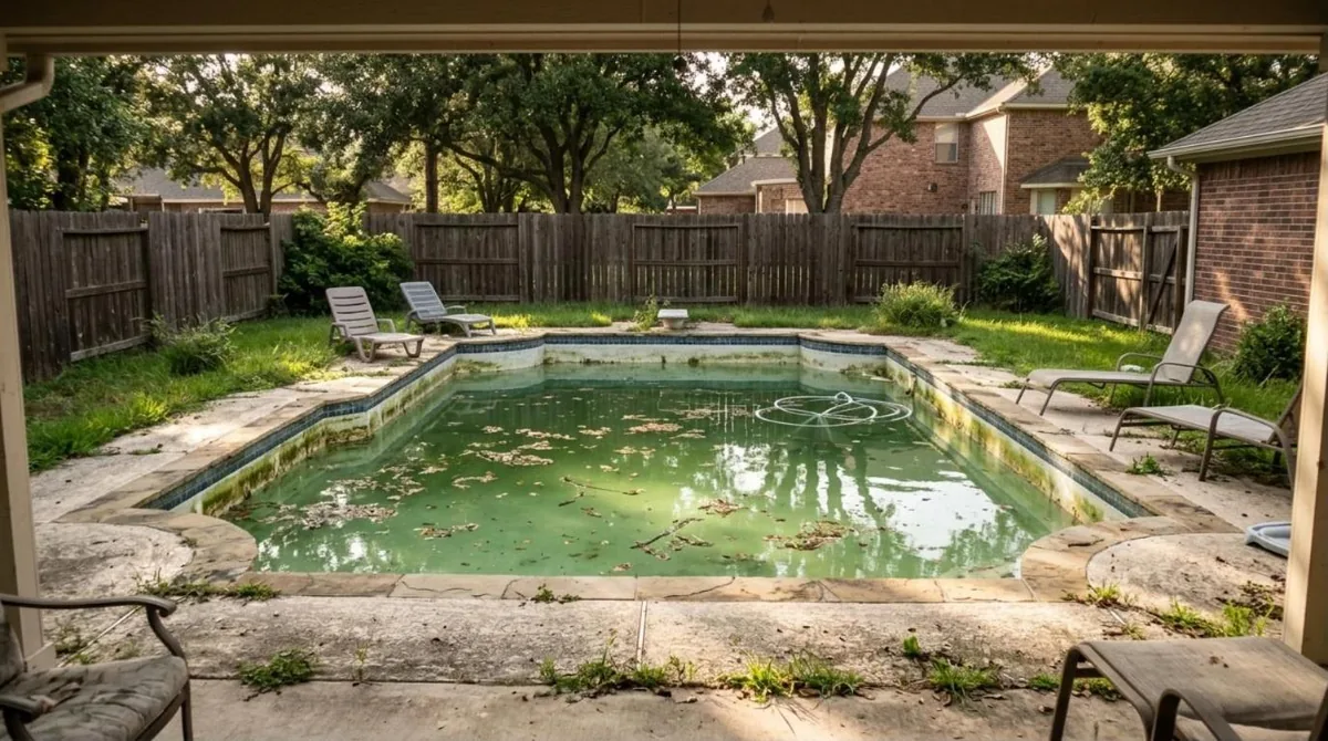 Green backyard pool before service
