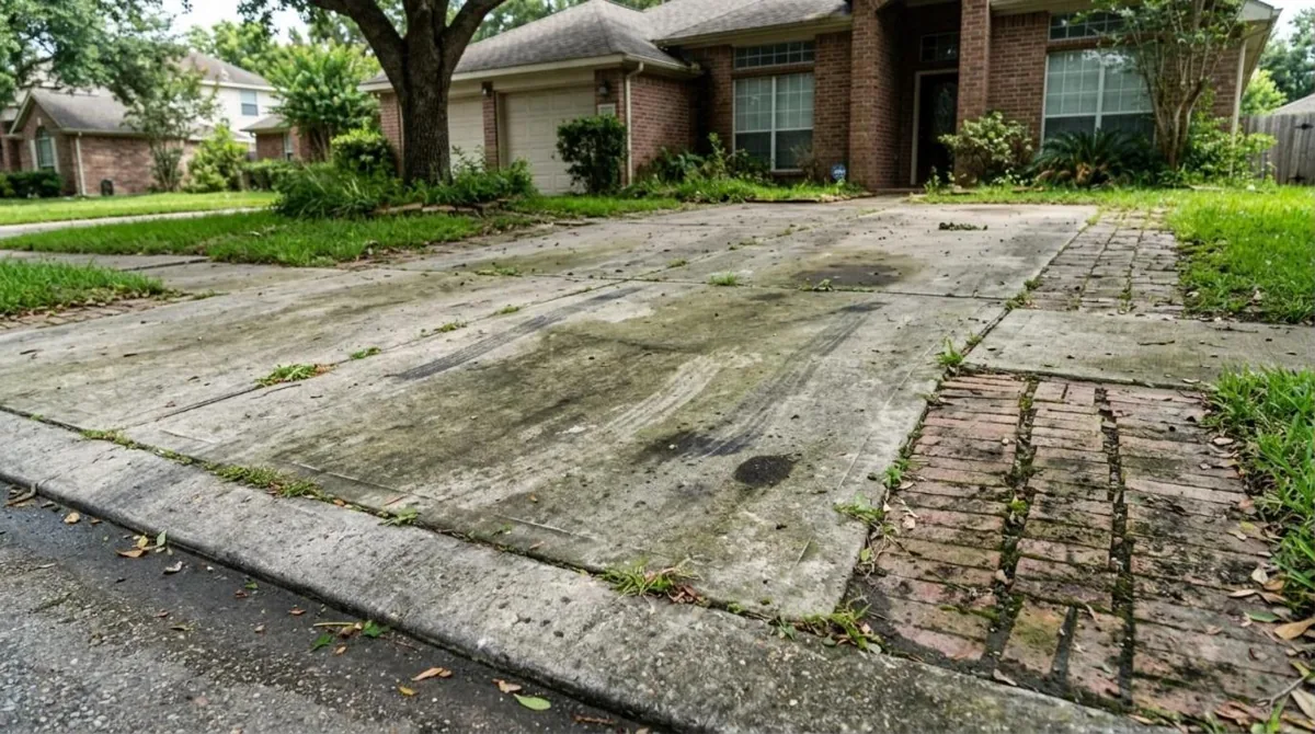 Stained driveway before pressure washing