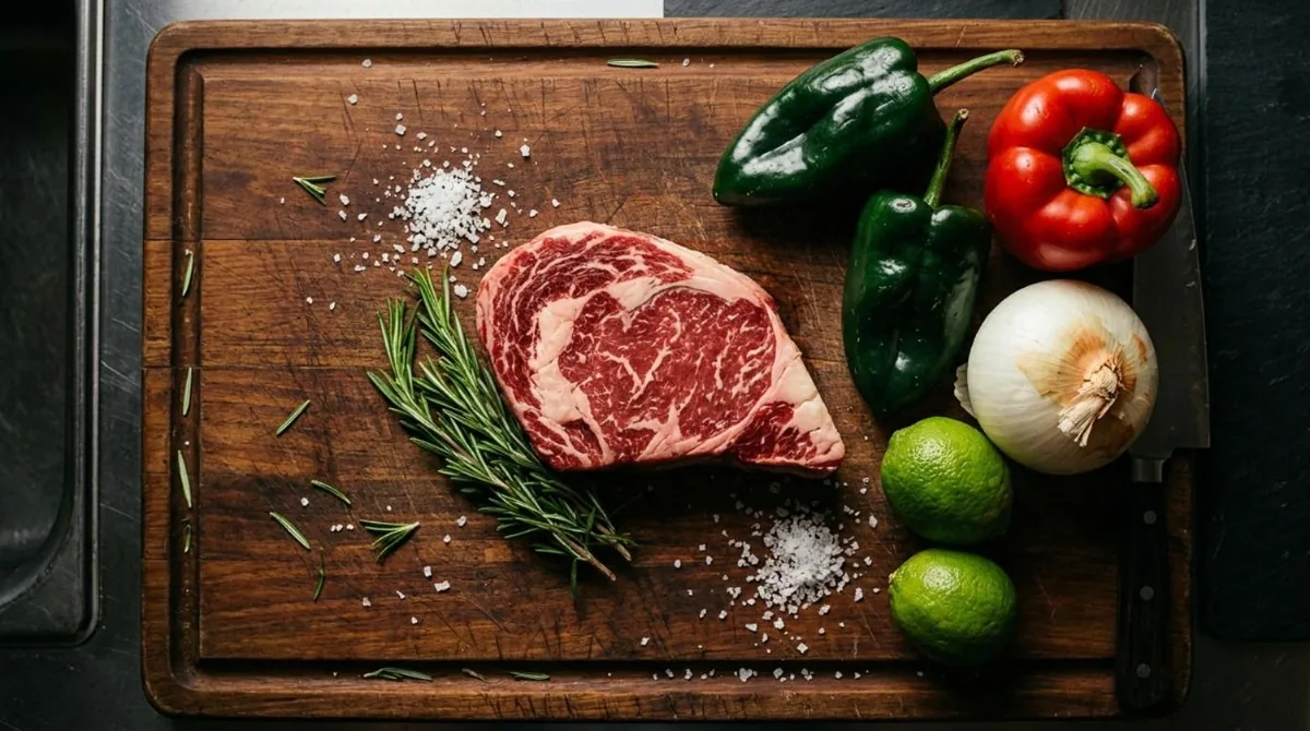 Raw ribeye and peppers on a butcher block
