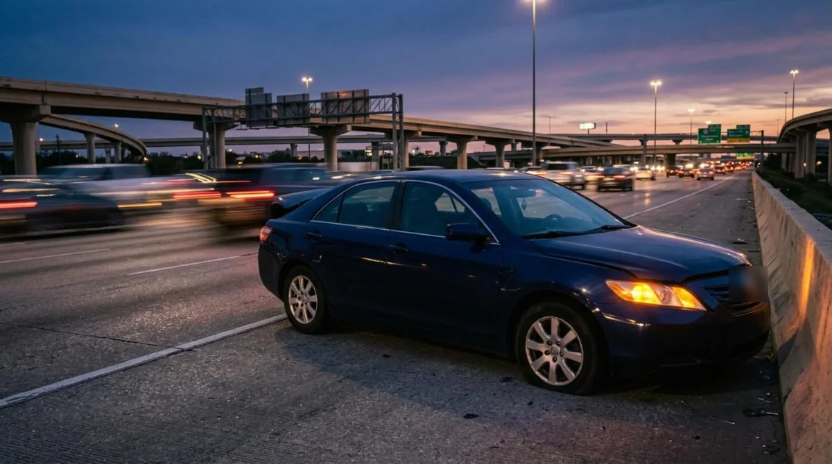 Car with a flat tire on a Houston freeway shoulder at dusk