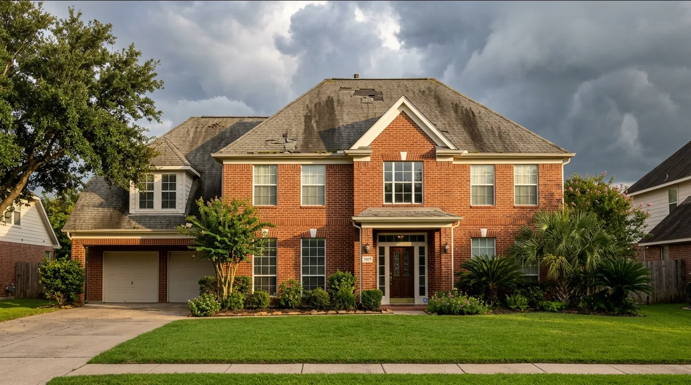 A two-story brick Houston home with an old, worn shingle roof and storm clouds rolling in