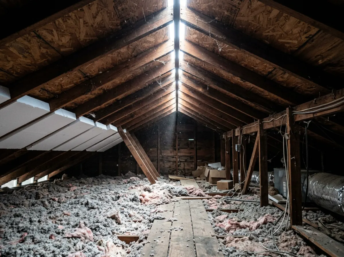 Inside an attic with daylight through the ridge vent and foam baffles at the eaves