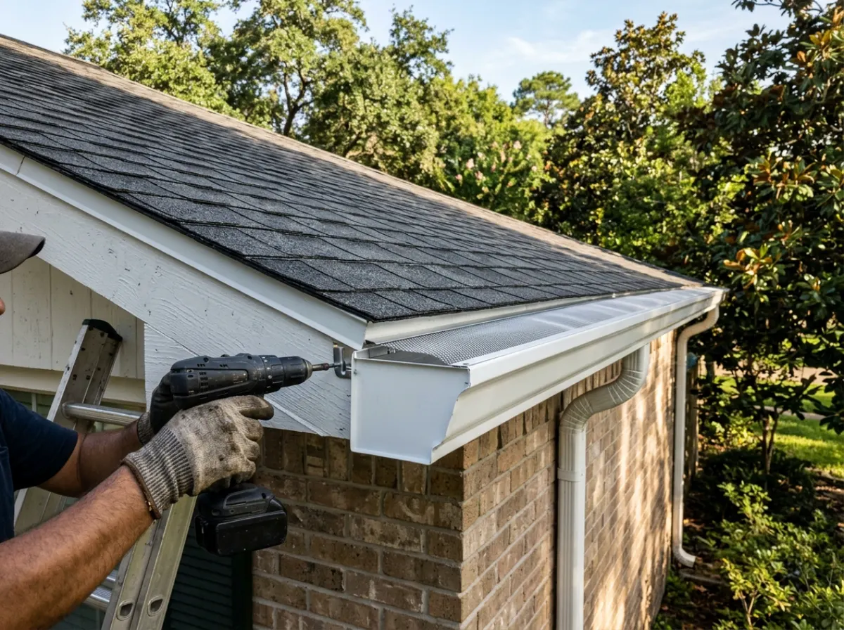 A new white seamless gutter with a mesh guard being screwed into the fascia