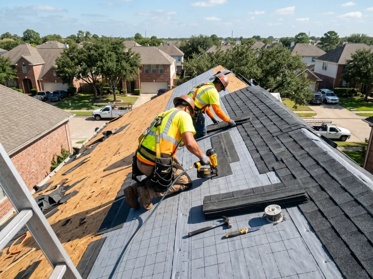 Two roofers nailing new charcoal shingles over fresh underlayment on a Houston home