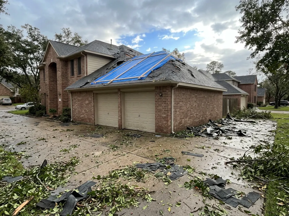 A blue emergency tarp on a storm-damaged Houston home with torn shingles on the driveway